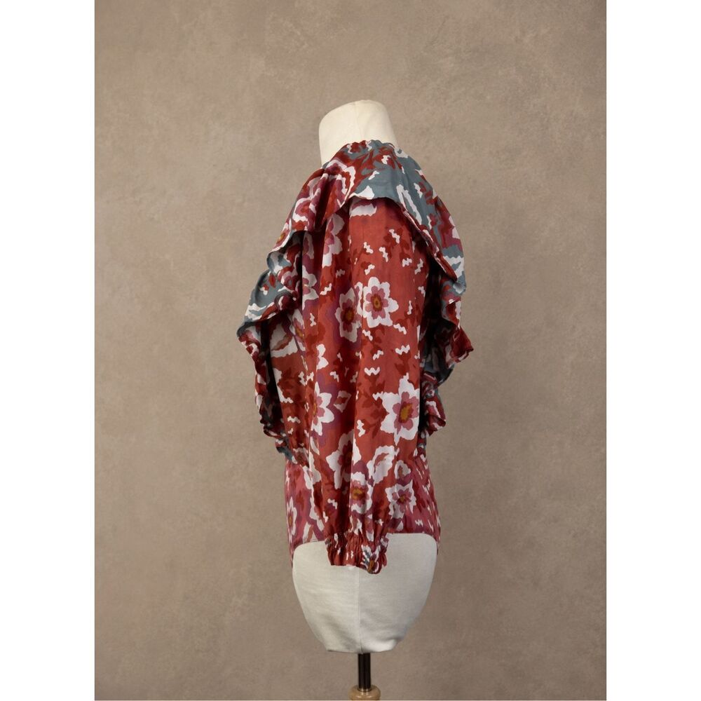 FARM Rio M Floral Puff Sleeve Bodysuit Red Boho Ruffle V-Neck Anthropologie - Picture 3 of 12